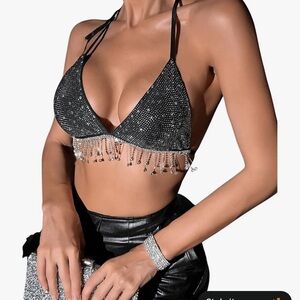 Black Rhinestone Halter Top with Fringe